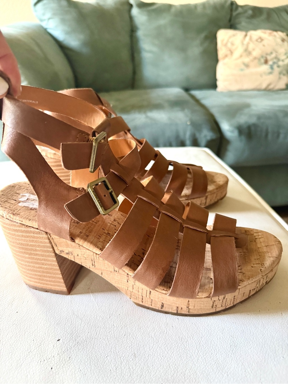 Lucky Brand Brown Leather Cork Block Heel Wedge Sandals